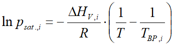 Clausius-Clapeyron equation ln(p) = -dH_vap/R * (1/T - 1/T_bp)